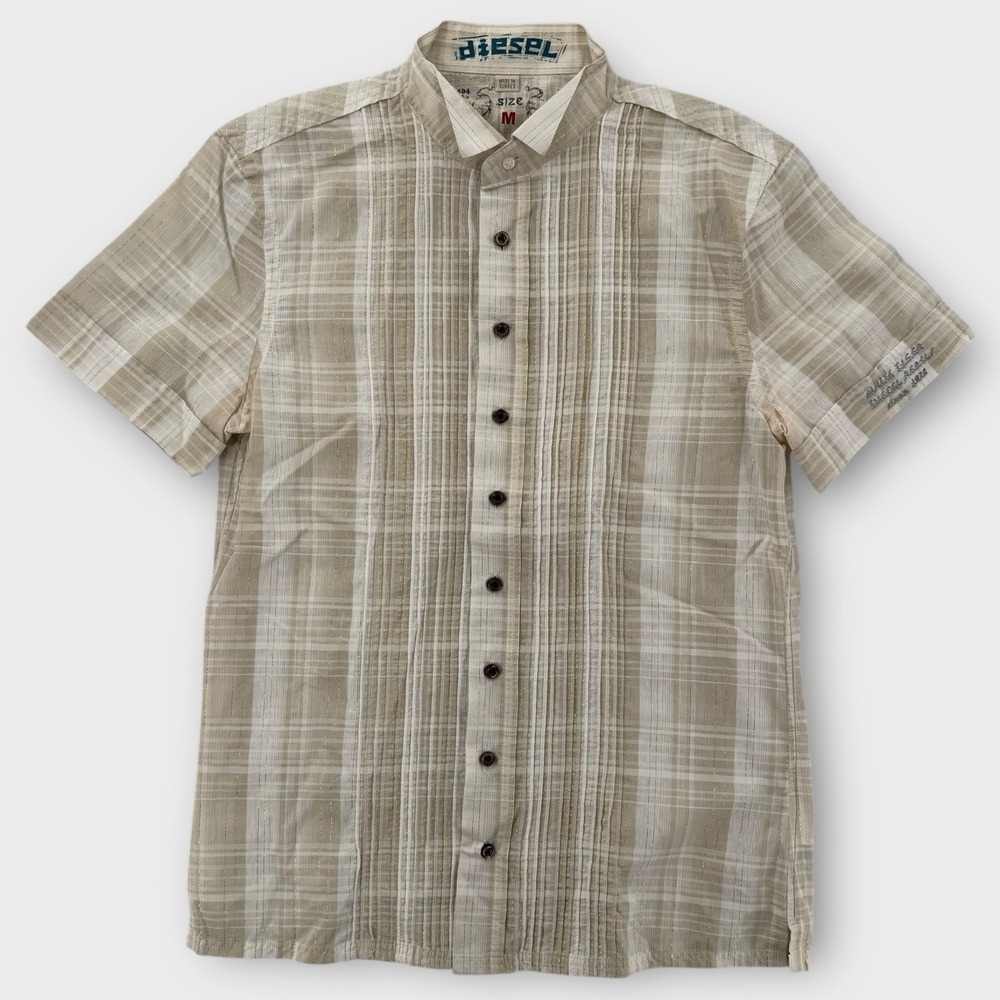 Diesel Mens Medium Short Sleeve Plaid Shirt Beige Metallic Gold Stripe Button Up